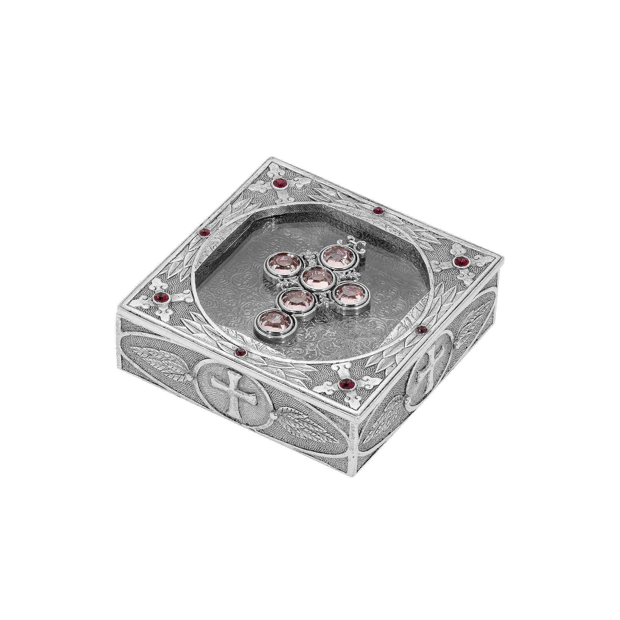 1928 Pewter Tone Crystal Cross Rosary Box, Womens, Purple