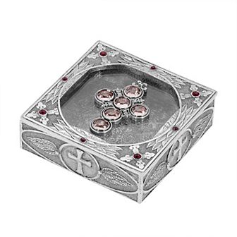 1928 Pewter Tone Crystal Cross Rosary Box