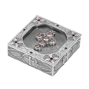 1928 Pewter Tone Crystal Cross Rosary Box
