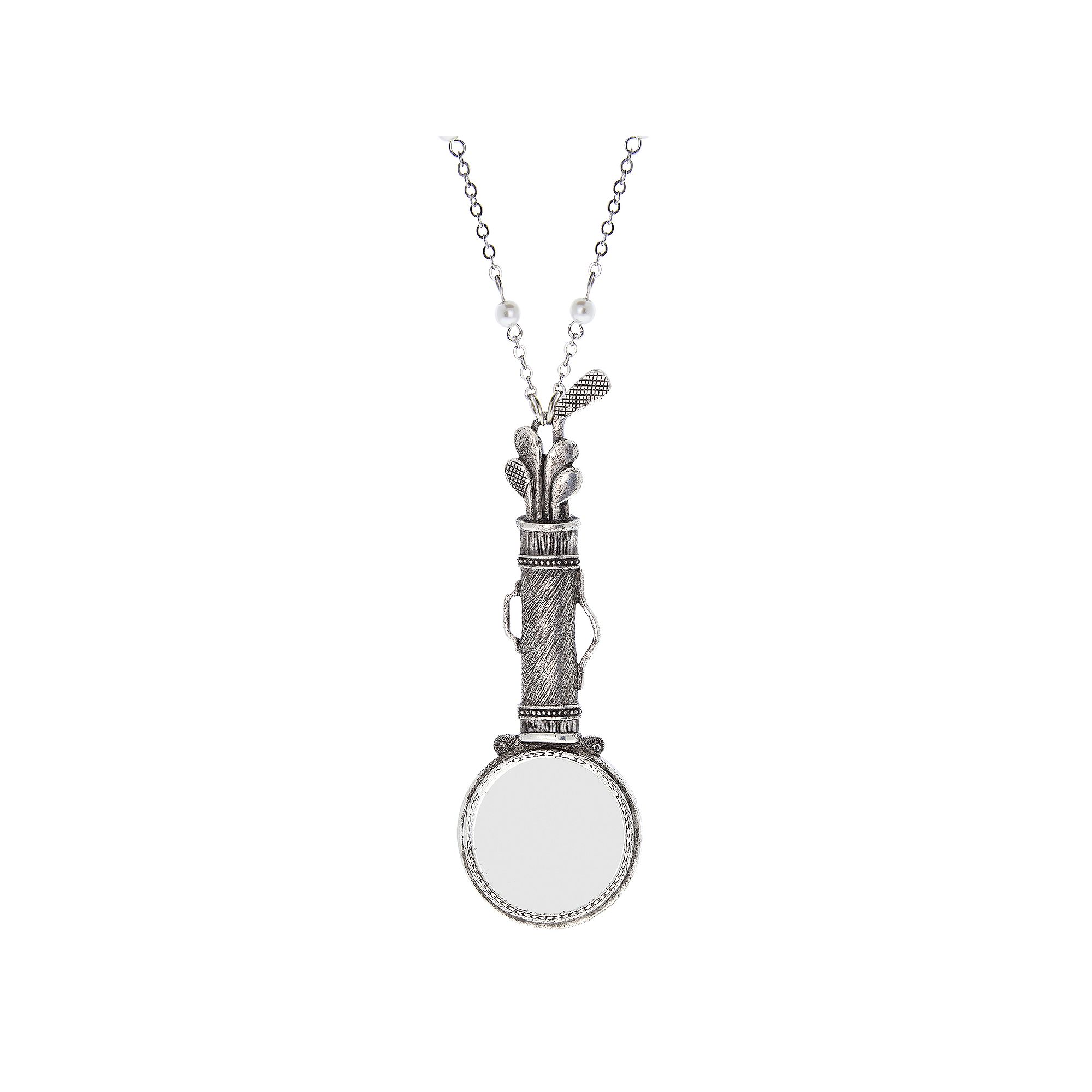 1928 Pewter Tone Golf Club Set Simulated Pearl Magnifying Glass Necklace, 