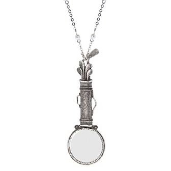 1928 Pewter Tone Golf Club Set Simulated Pearl Magnifying Glass Necklace