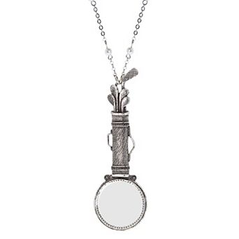 1928 Pewter Tone Golf Club Set Simulated Pearl Magnifying Glass Necklace