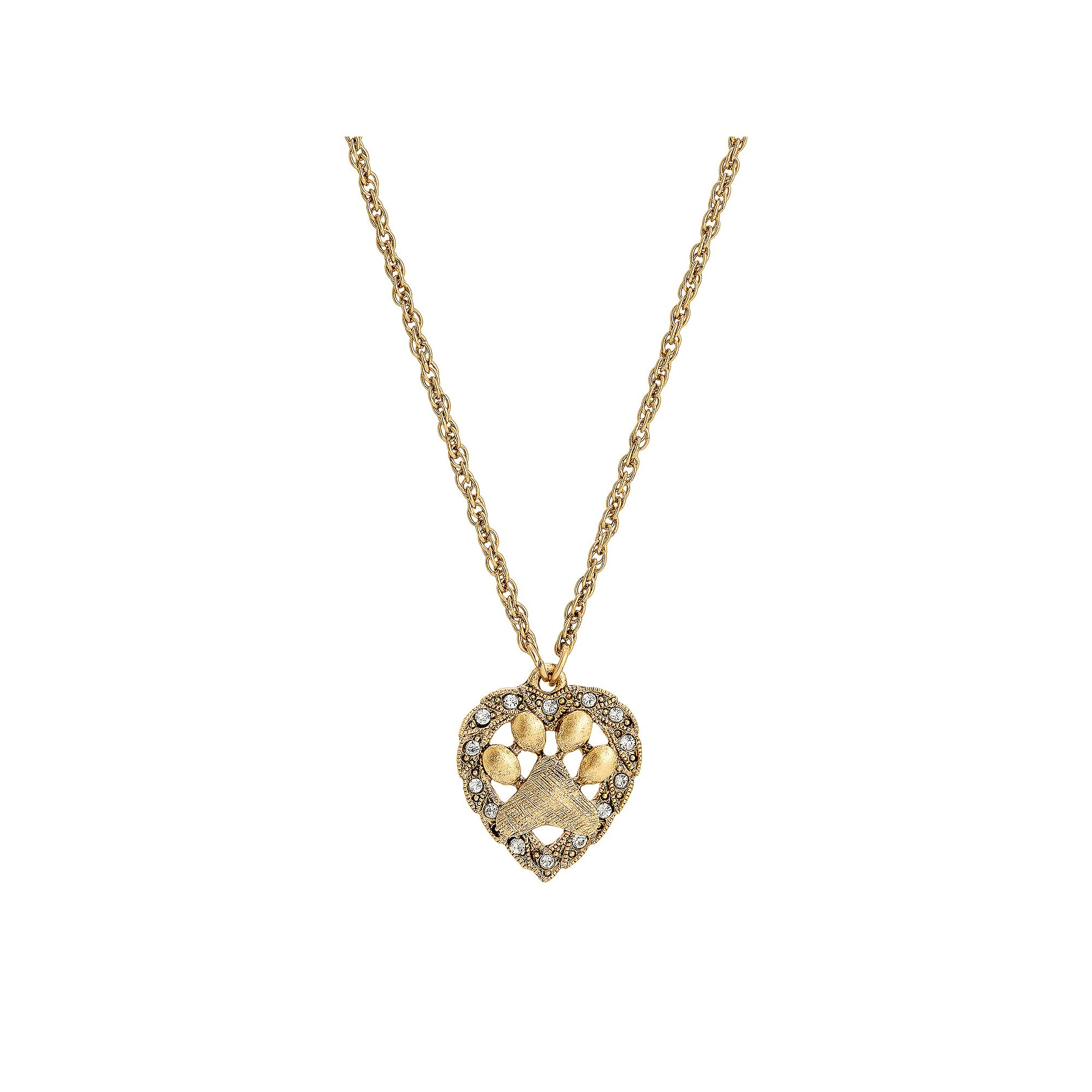 1928 Gold Tone Heart Shaped Paw Crystal Pendant Necklace, Womens, Size: 1