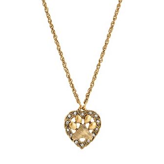 1928 Gold Tone Heart Shaped Paw Crystal Pendant Necklace