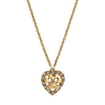 1928 Gold Tone Heart Shaped Paw Crystal Pendant Necklace
