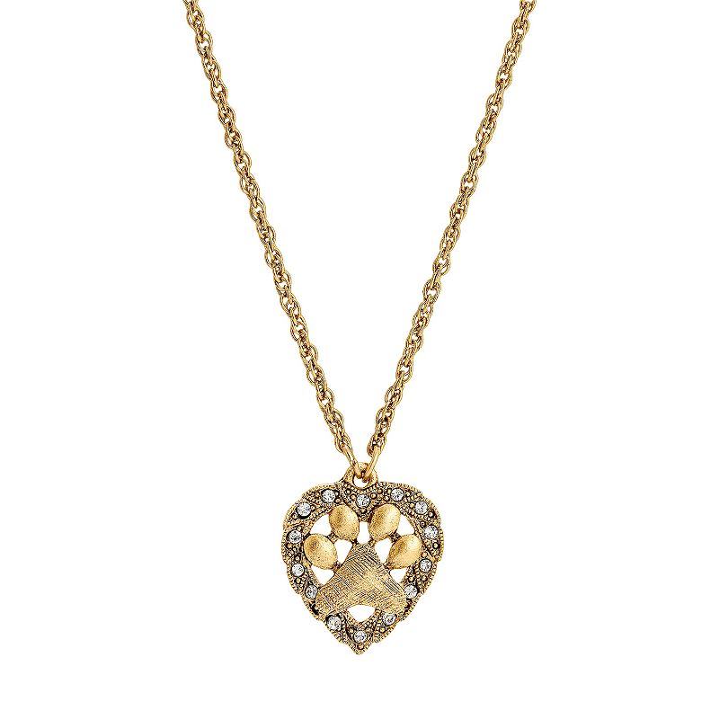 1928 Gold Tone Heart-Shaped Paw Crystal Pendant Necklace, Womens, Size: 1