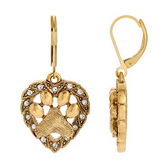 1928 Gold Tone Heart Shaped Paw Crystal Earrings