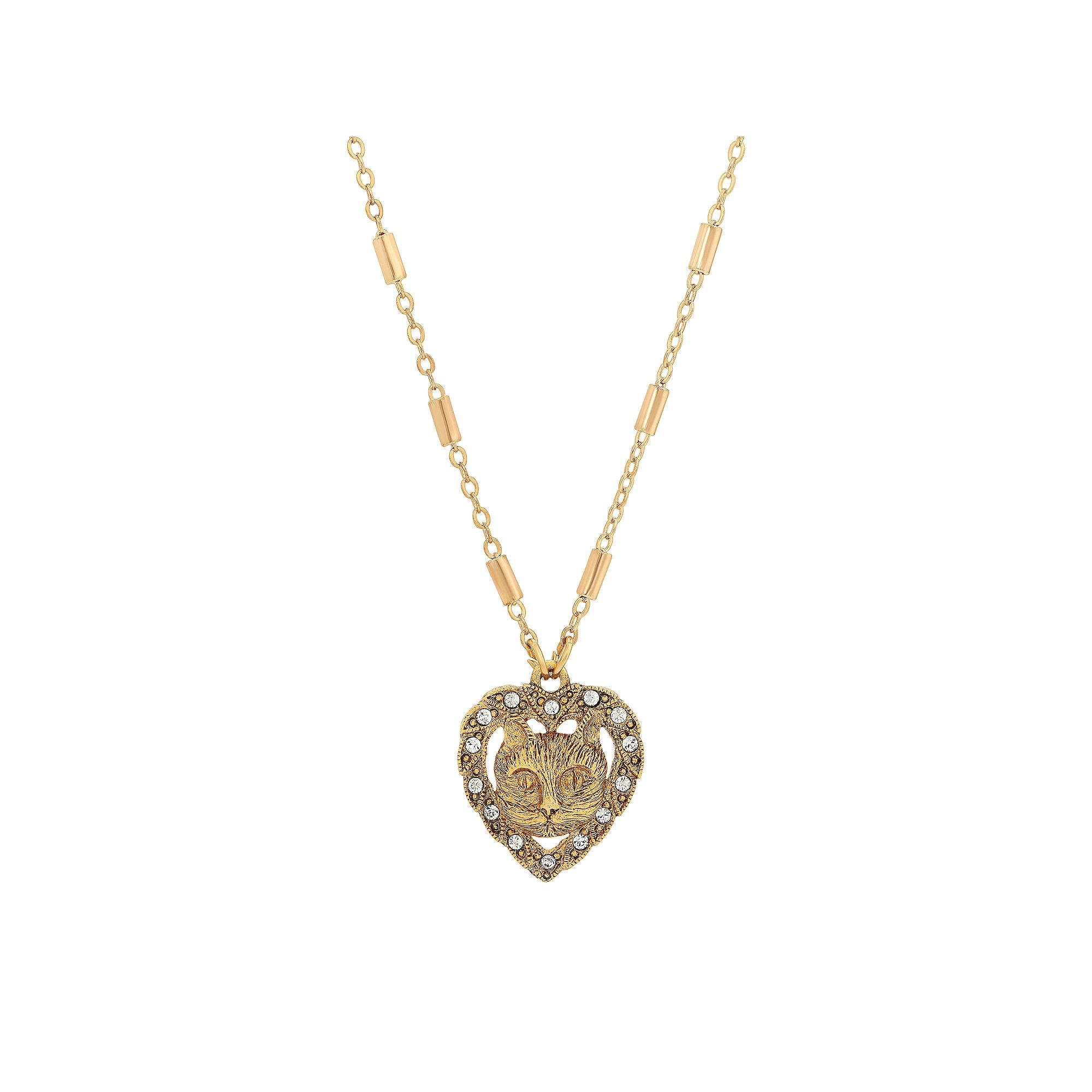 1928 Gold Tone Heart Shaped Cat Crystal Necklace, Womens, Size: 18, Yel