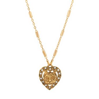 1928 Gold Tone Heart Shaped Cat Crystal Necklace