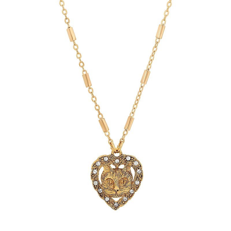 1928 Gold Tone Heart Shaped Cat Crystal Necklace, Womens, Size: 18, Yel