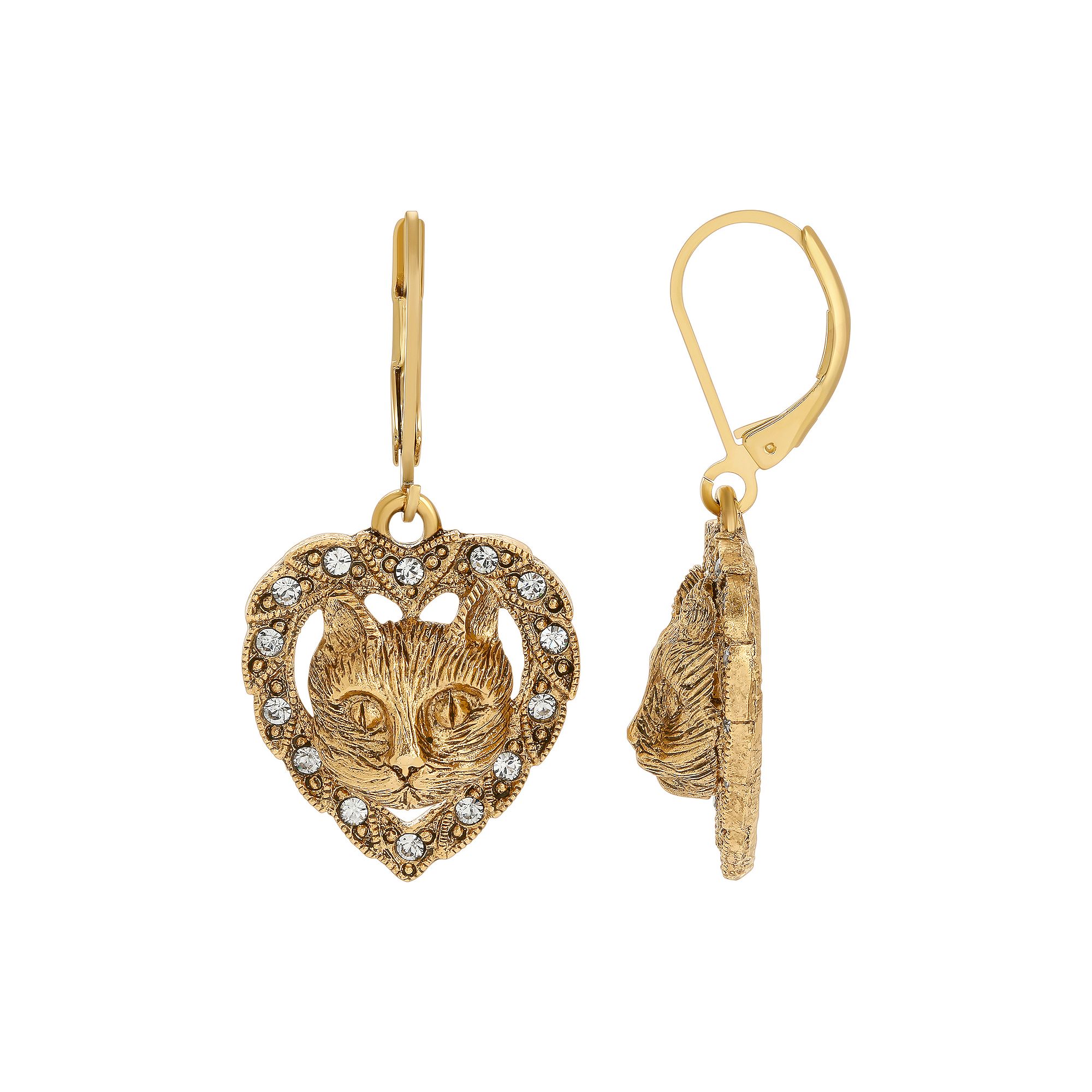 1928 Gold Tone Heart Shaped Cat Crystal Earrings, Womens, Yellow