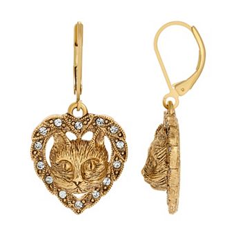 1928 Gold Tone Heart Shaped Cat Crystal Earrings