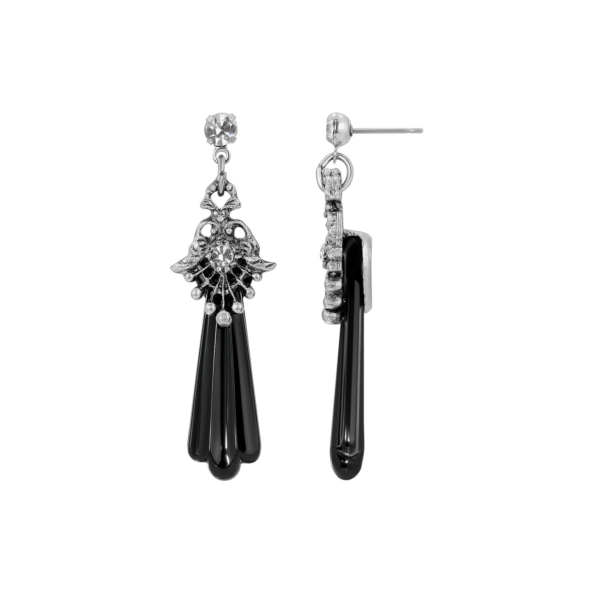 1928 Pewter Tone Crystal & Black Drop Earrings, Womens