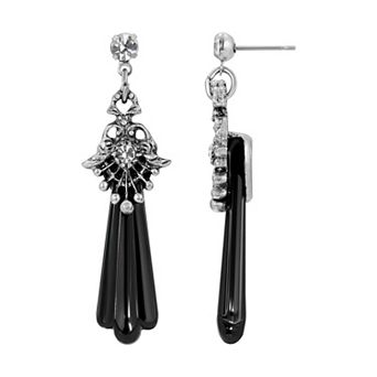 1928 Pewter Tone Crystal & Black Drop Earrings