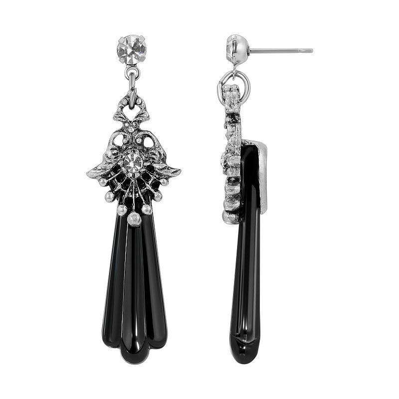1928 Pewter Tone Crystal & Black Drop Earrings, Womens