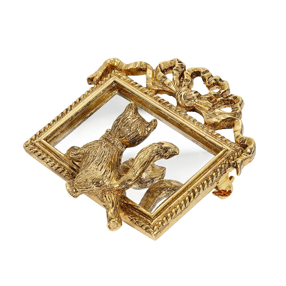1928 Gold Tone Cat Mirror Pin