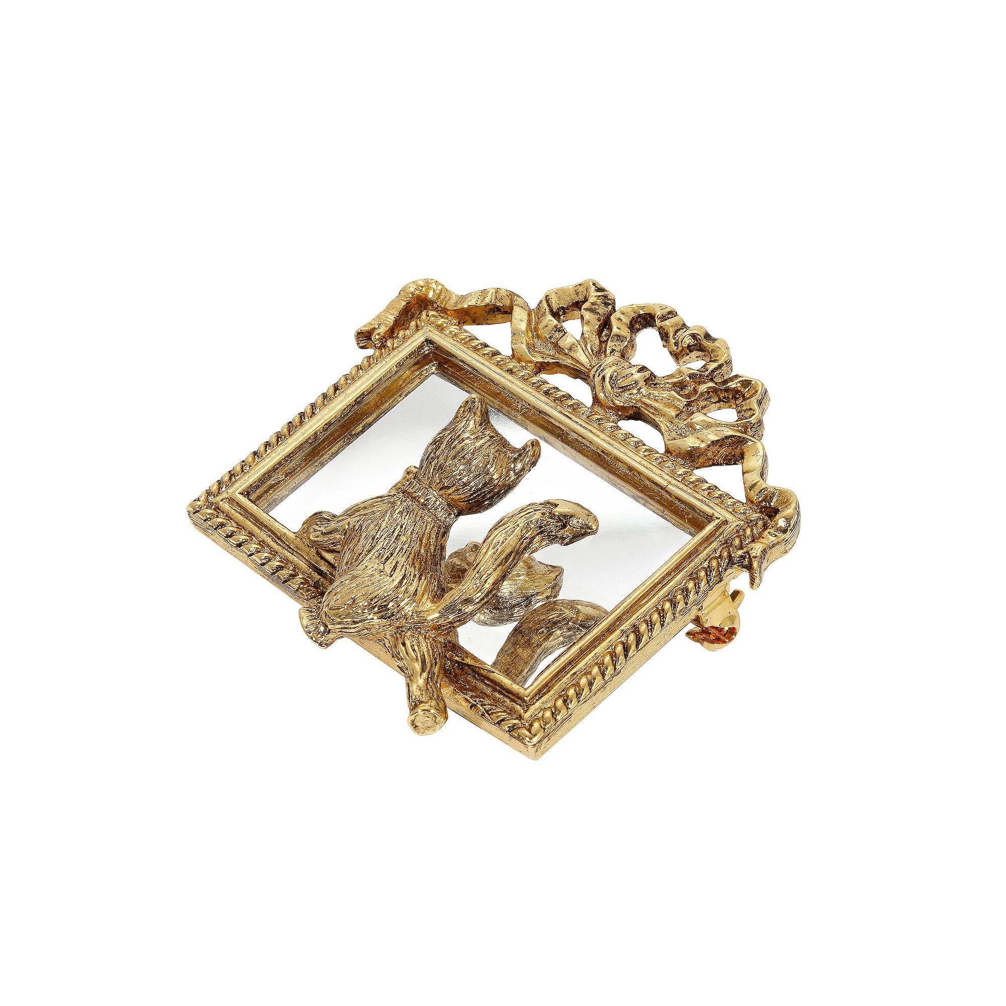 1928 Gold Tone Cat Mirror Pin, Womens, Yellow