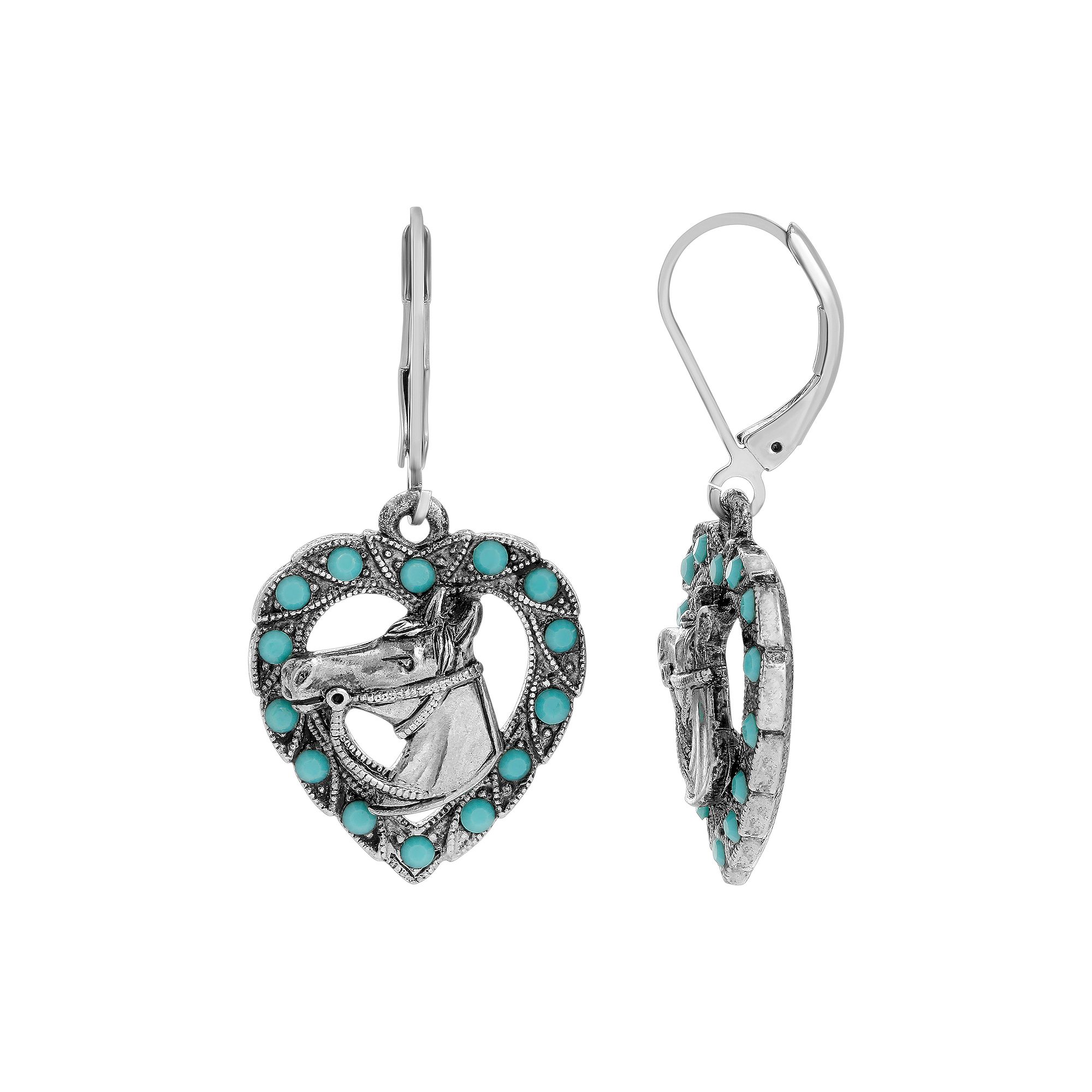 1928 Pewter Tone Turquoise Crystal Horse Head Heart Drop Earrings, Womens,