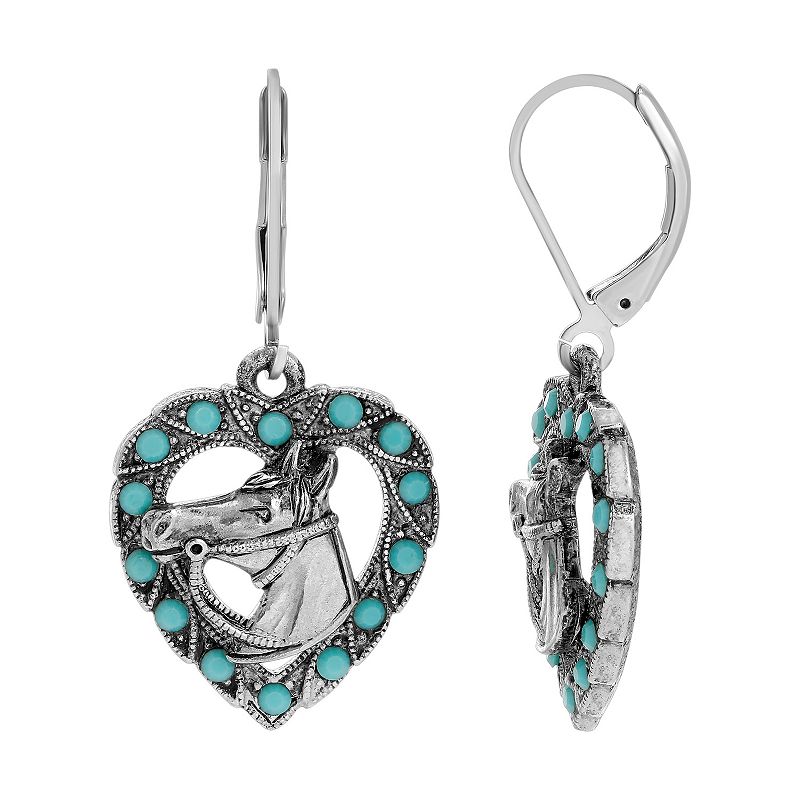 1928 Pewter Tone Turquoise Crystal Horse Head Heart Drop Earrings, Womens,
