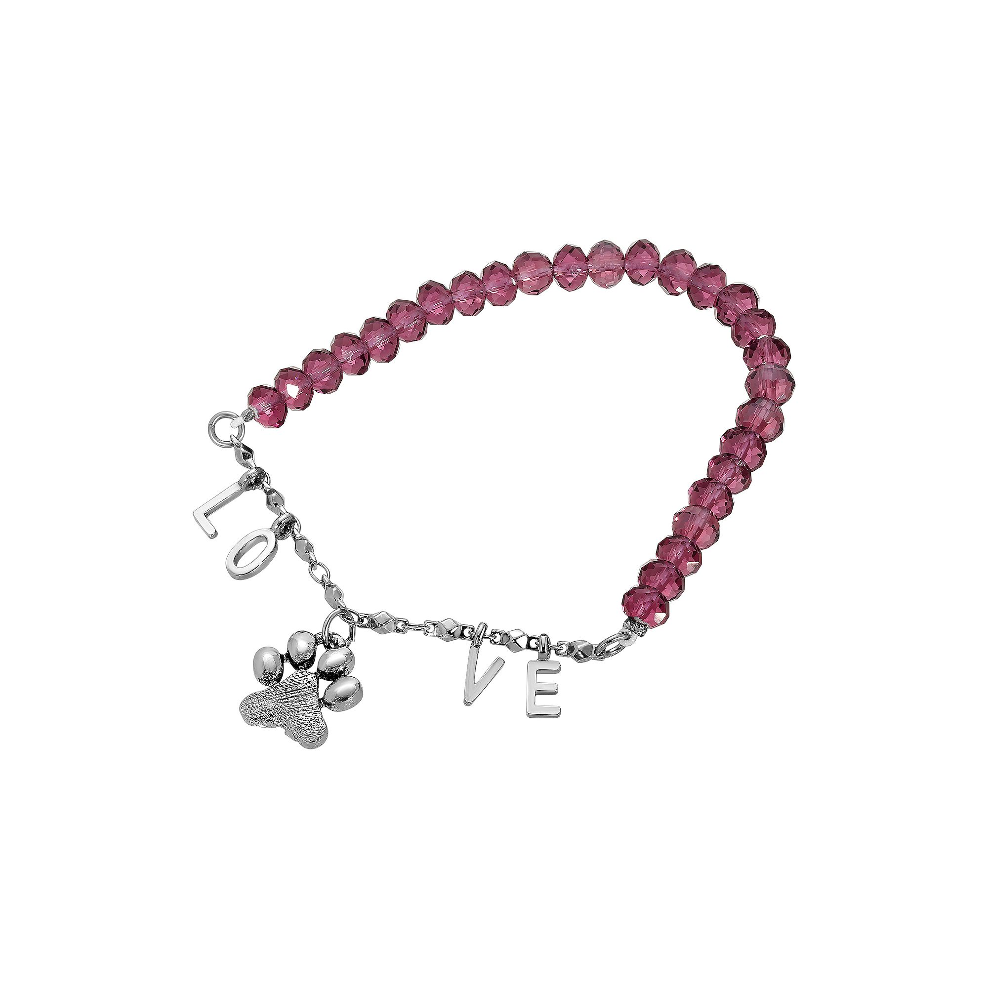 1928 Silver Tone Love Purple Bead Animal Paw Bracelet, Womens