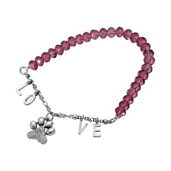 1928 Silver Tone "Love" Purple Bead Animal Paw Bracelet