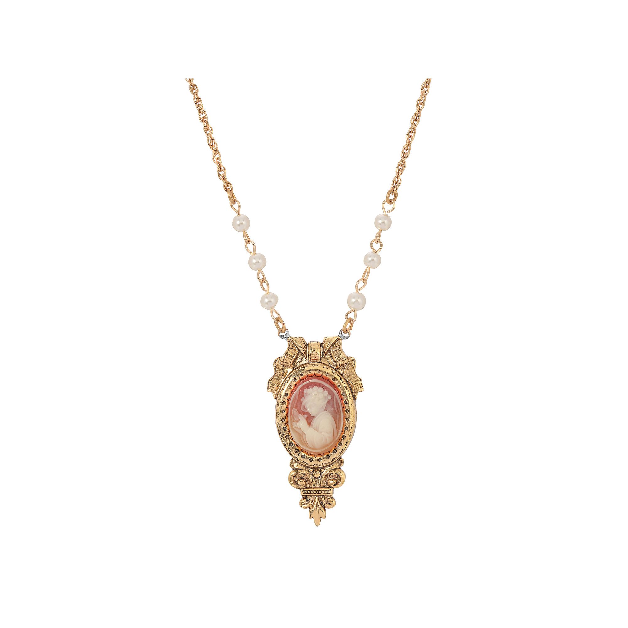 1928 Gold Tone Simulated Pearl Cameo Necklace, Womens, Size: 18, Orange