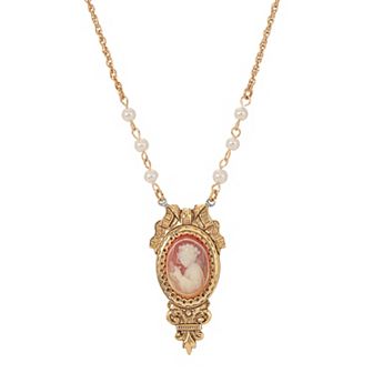 1928 Gold Tone Simulated Pearl Cameo Necklace
