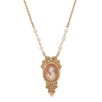 1928 Gold Tone Simulated Pearl Cameo Necklace