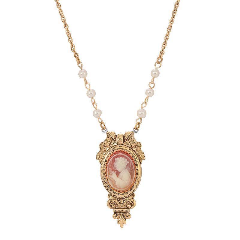 1928 Gold Tone Simulated Pearl Cameo Necklace, Womens, Size: 18, Orange