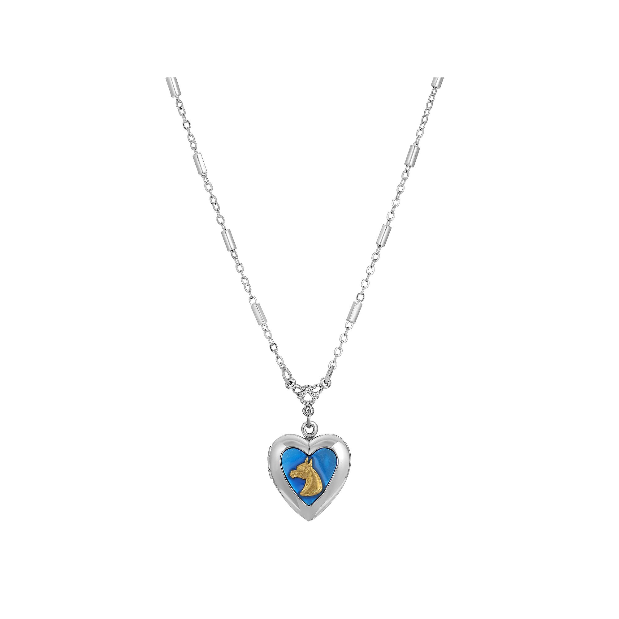 1928 Silver Tone Blue Heart Horse Head Pendant Necklace, Womens, Size: 16