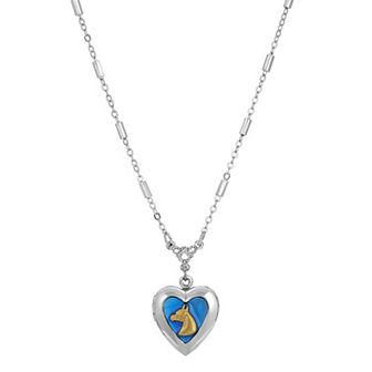 1928 Silver Tone Blue Heart Horse Head Pendant Necklace