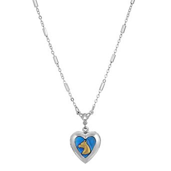 1928 Silver Tone Blue Heart Horse Head Pendant Necklace