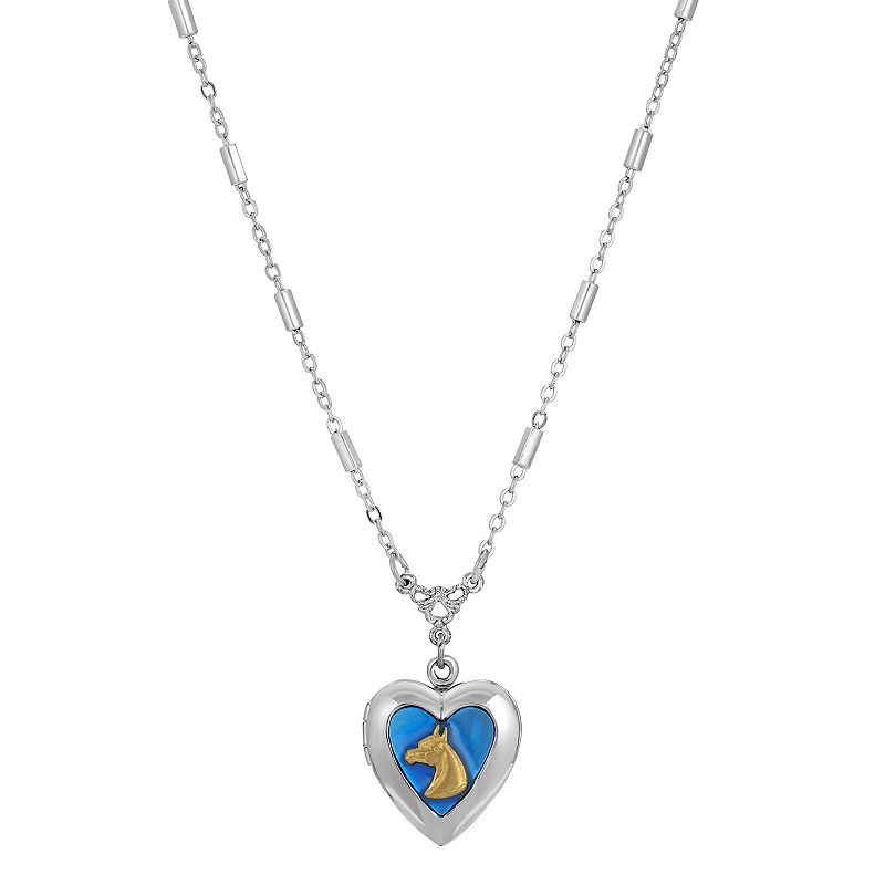 1928 Silver Tone Blue Heart Horse Head Pendant Necklace, Womens, Size: 16