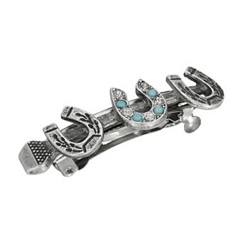 1928 Pewter Tone Turquoise Color & Clear Crystal Horseshoe Barrette