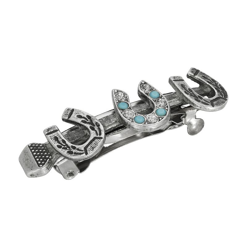 1928 Pewter Tone Turquoise Color & Clear Crystal Horseshoe Barrette, Blue