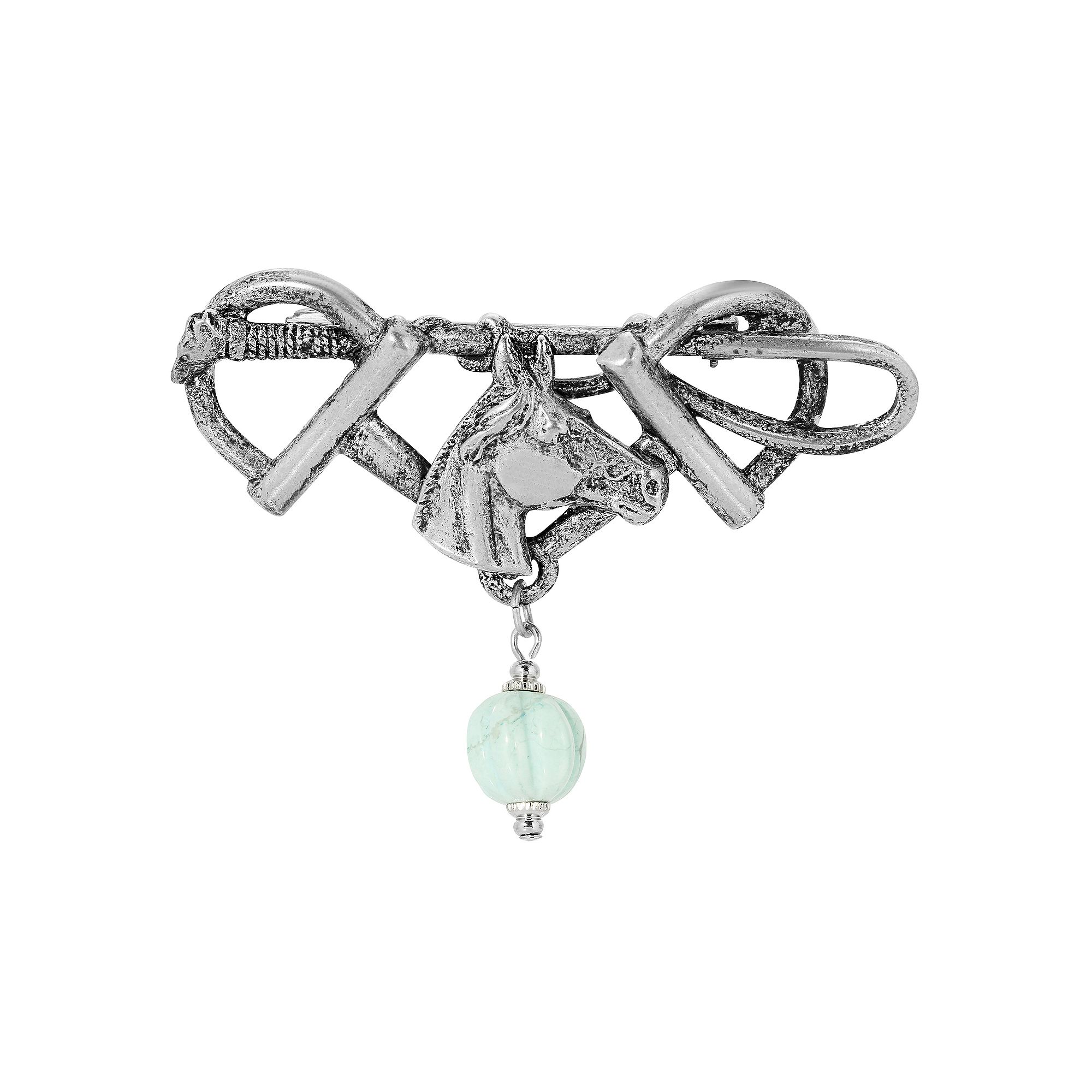1928 Pewter Tone Turquoise Bead Horse Pin, Womens, Blue