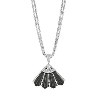 1928 Silver Tone Black Stone & Crystal Fan Drop Necklace