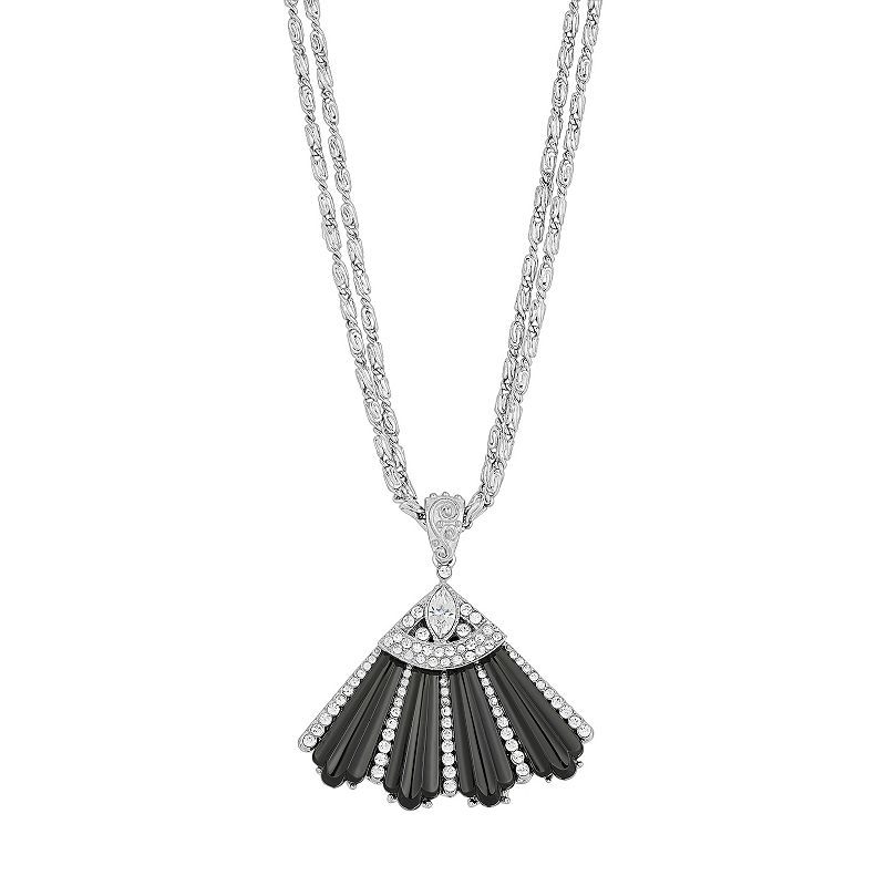 1928 Silver Tone Black Stone & Crystal Fan Drop Necklace, Womens, Size: 1