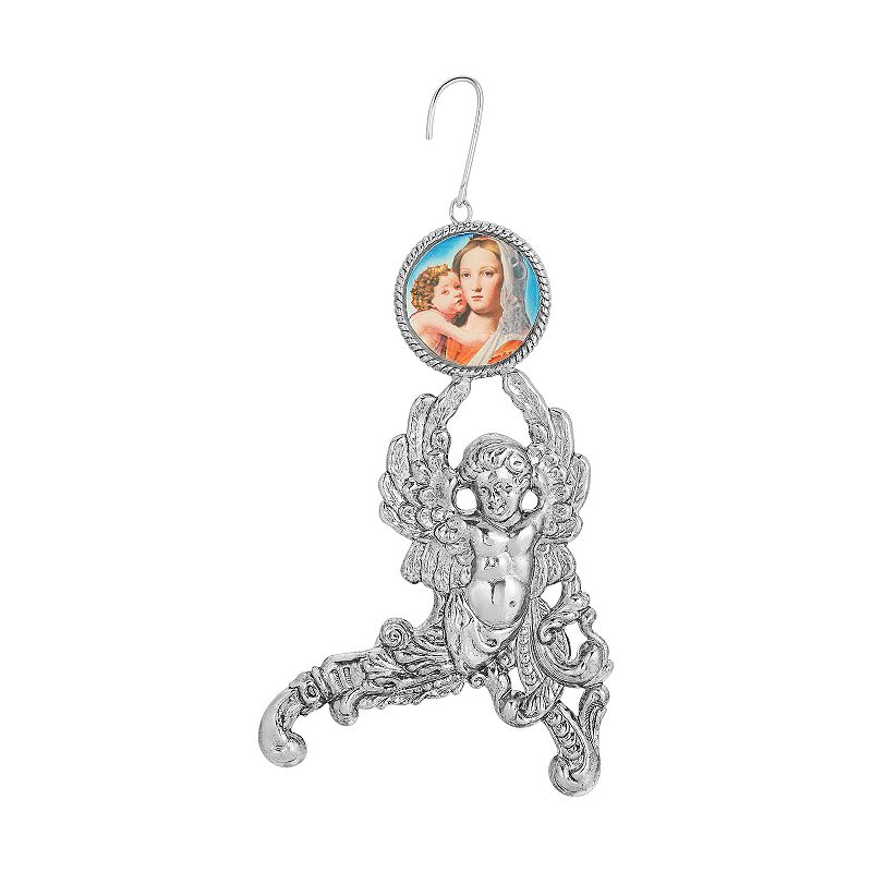 1928 Silver Tone Angel With Mother & Child Ornament, Blue
