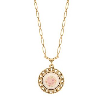 1928 Gold Tone Floral Cross Stitch Round Enamel Necklace