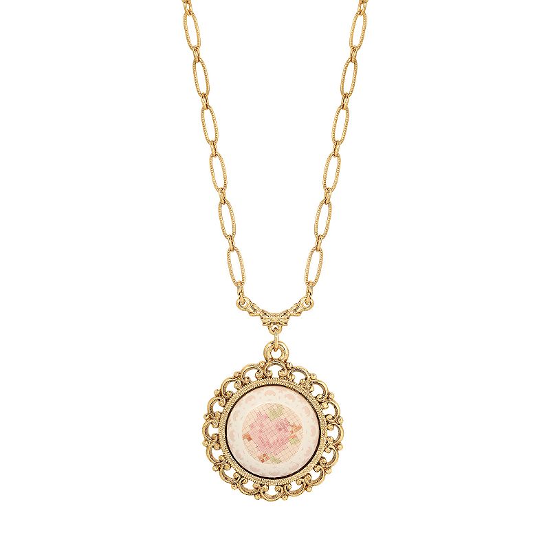 1928 Gold Tone Floral Cross Stitch Round Enamel Necklace, Womens, Size: 1
