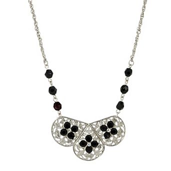 1928 Silver Tone Filigree Black Crystal Flower Necklace