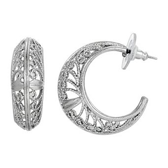 1928 Silver Tone Filigree C-Hoop Earrings