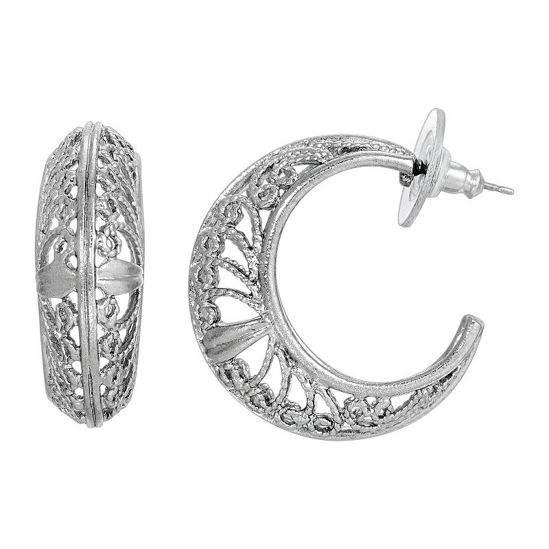 1928 Silver Tone Filigree C-Hoop Earrings, Womens, Grey