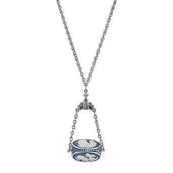 1928 Silver Tone Blue Cameo Spinner Necklace