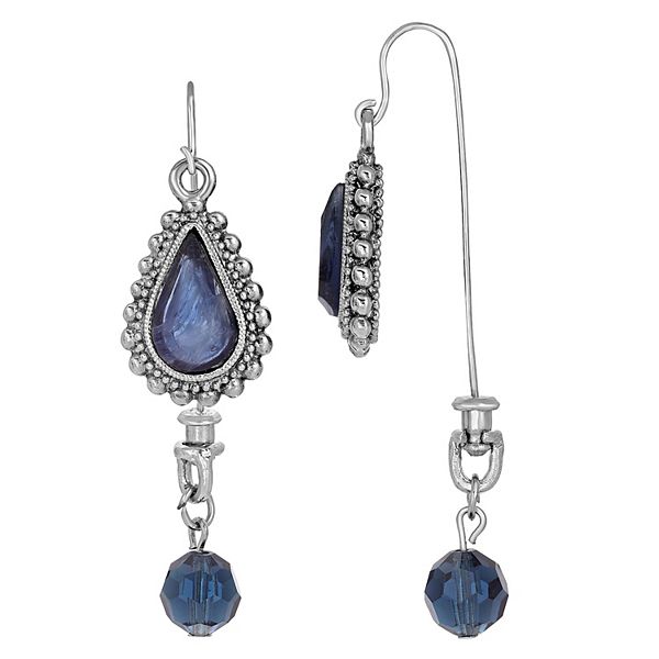 1928 Silver Tone Blue Teardrop Front Back Drop Earrings