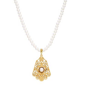 1928 Gold Tone Simulated Pearl Filigree Drop Necklace