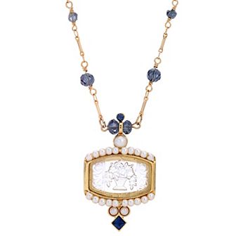 1928 Gold Tone Blue Etched Glass Intaglio Necklace