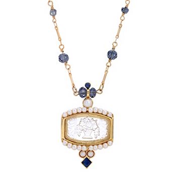 1928 Gold Tone Blue Etched Glass Intaglio Necklace