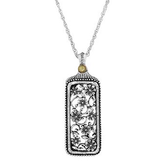 1928 Silver Tone Flower Filigree Mirror Pendant Necklace